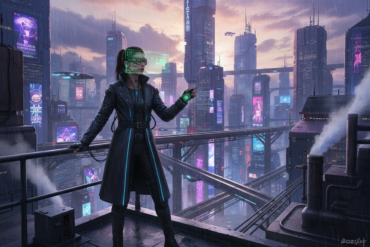 A woman wearing a glowing visor and trench coat stands on a rooftop overlooking a sprawling futuristic city.
